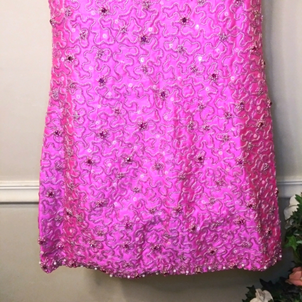 Vintage 1960-70 Barbie Pink Raw Silk Hand Beaded/Jeweled Cocktail, Hostess Vest - Picture 9 of 13